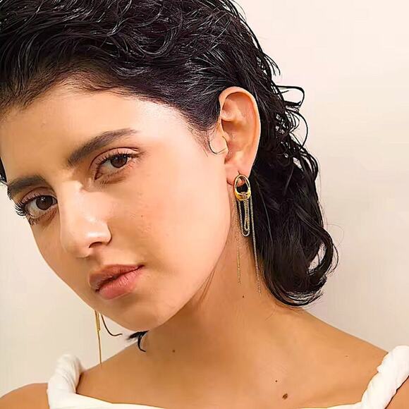 Gold Stainless Steel Silver Geometric Dangle Earrings - Picture 10 of 10